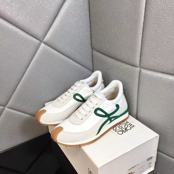 Loewe white suede and dark green logo sneakers